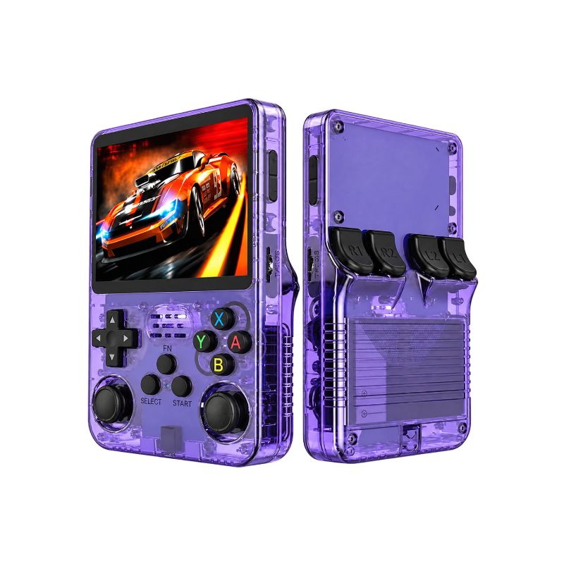 Reference marketing image of the purple R36S retro handheld, front and rear